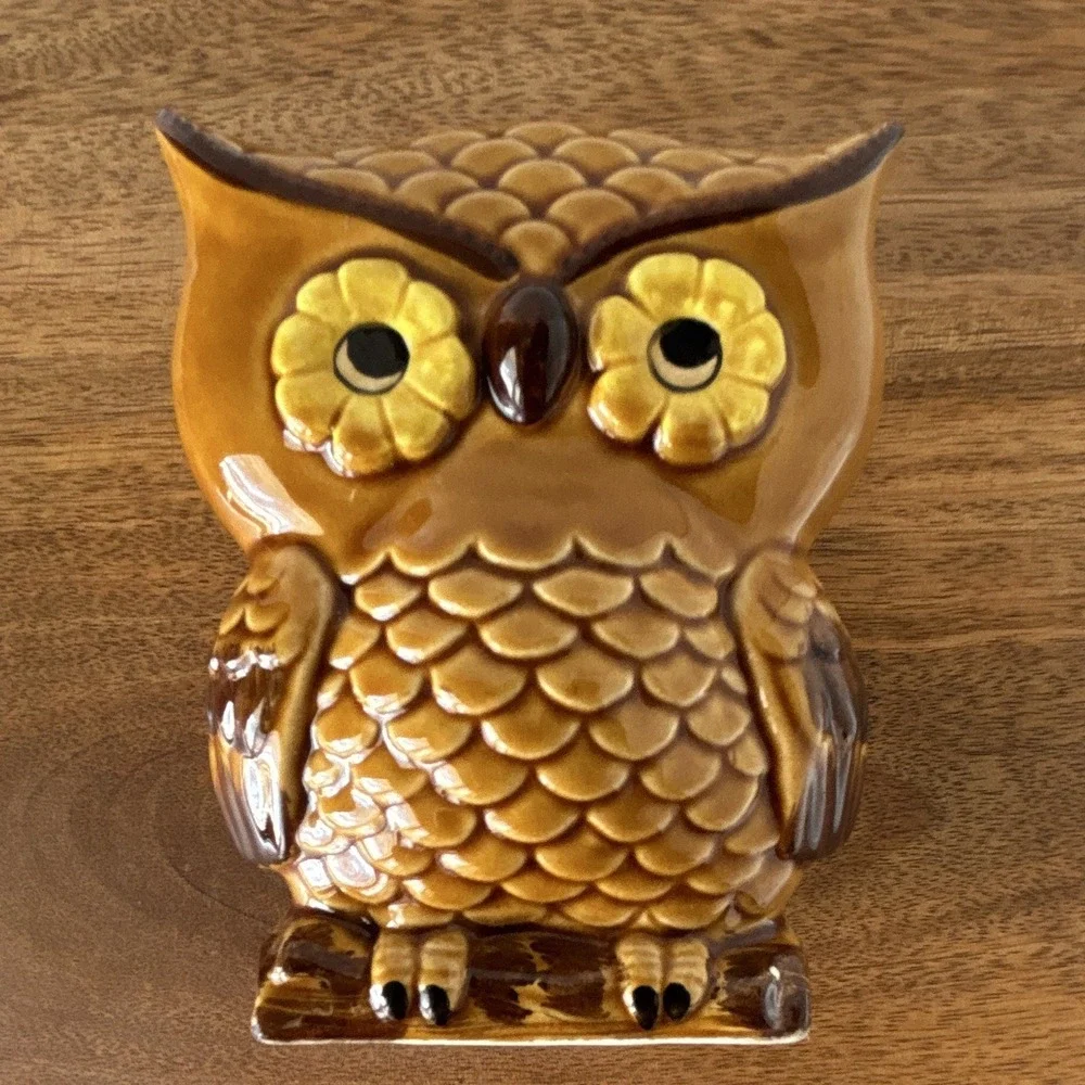Vintage Glazed Ceramic Owl Napkin Letter Sponge Holder 3D Japan Retro